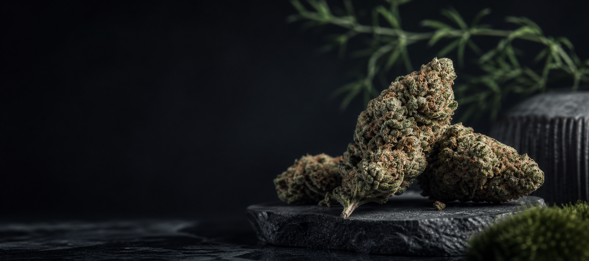 Premium cannabis flower arranged in a dark studio setting